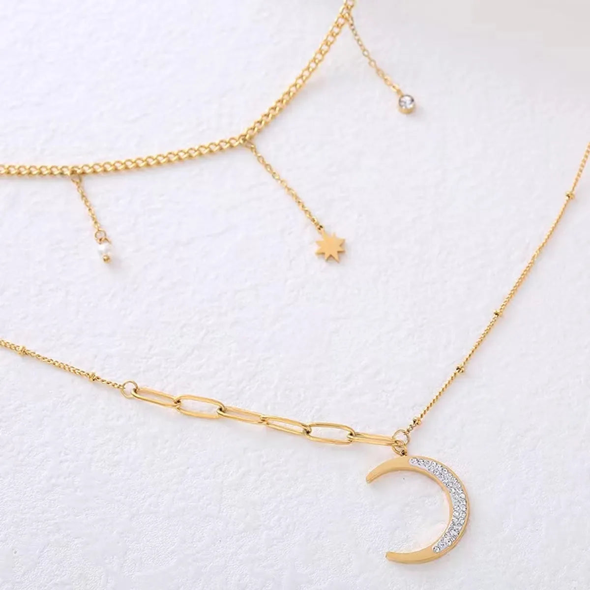 Wholesale Jewelry Elegant Basic Classic Style Moon 304 Stainless Steel 18K Gold Plated Double Layer Necklaces