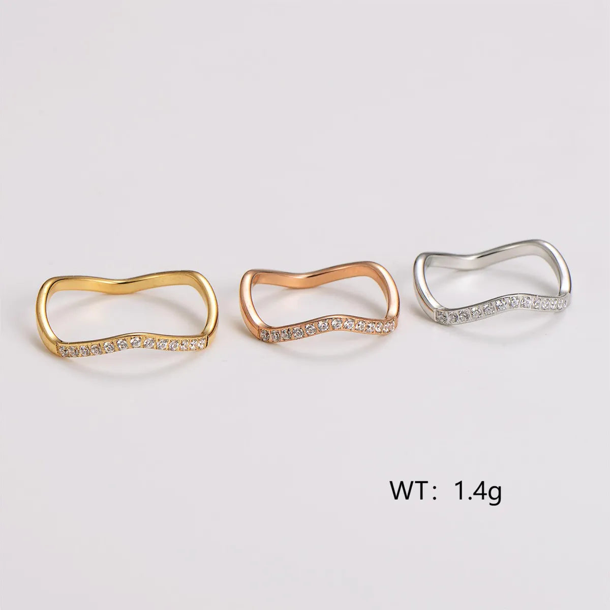 Wholesale Jewelry Elegant Basic Classic Style Waves 304 Stainless Steel Rhinestones 18K Gold Plated Rose Gold Plated Inlay Rings