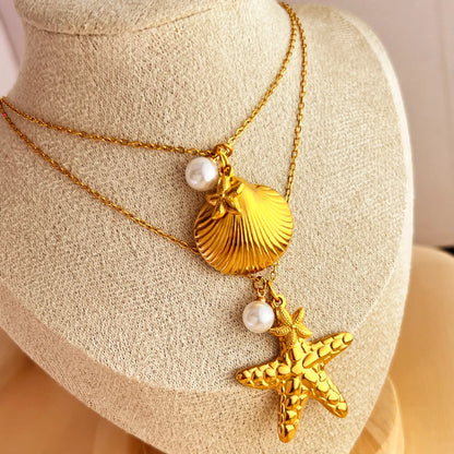 Wholesale Jewelry Elegant Beach Starfish Shell 304 Stainless Steel 18K Gold Plated Plating Pendant Necklace