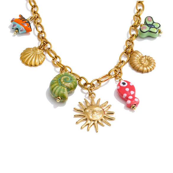 Wholesale Jewelry Elegant Beach Sweet Sun Shell Fish 304 Stainless Steel Plating Cable Chain Necklace