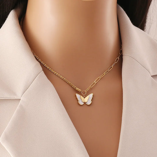 Wholesale Jewelry Elegant Butterfly 304 Stainless Steel 18K Gold Plated Bracelets Necklace