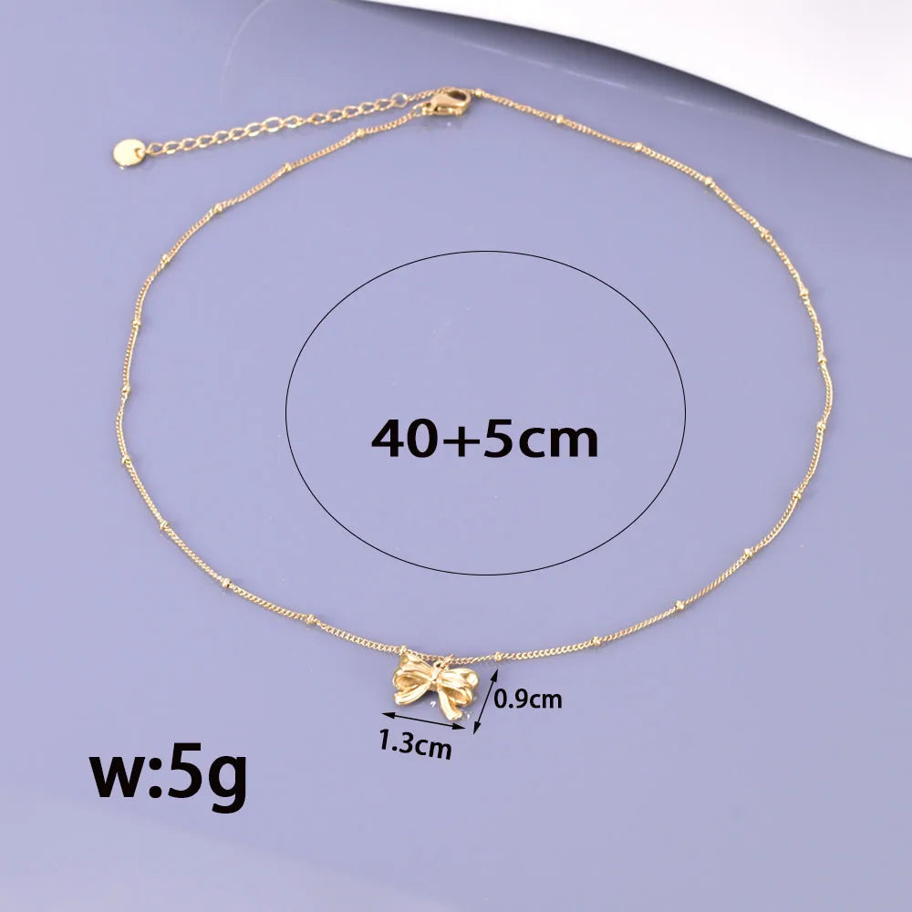 Wholesale Jewelry Elegant Classic Style Heart Shape Solid Color Bow Knot 304 Stainless Steel Titanium Steel 18K Gold Plated Pendant Necklace