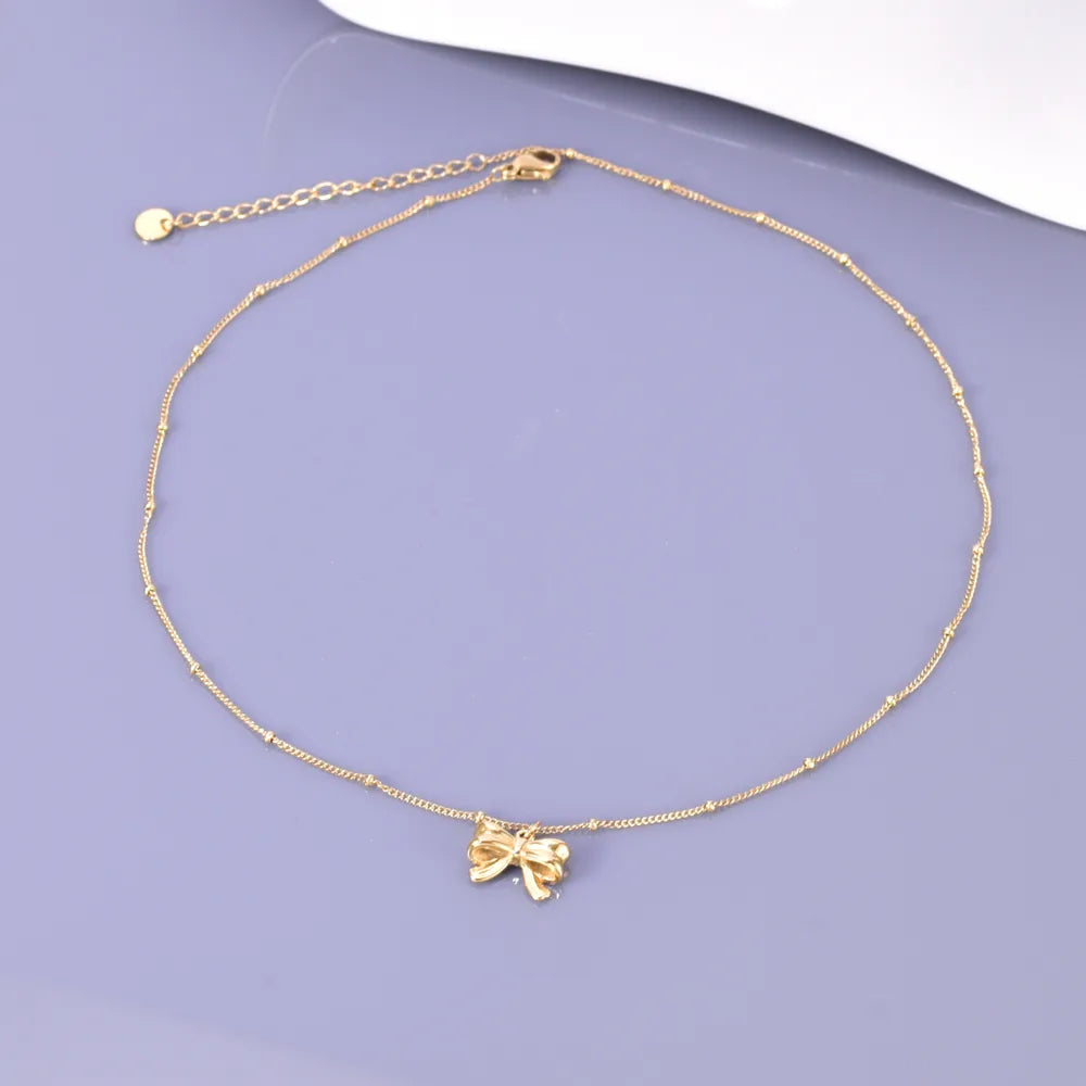 Wholesale Jewelry Elegant Classic Style Heart Shape Solid Color Bow Knot 304 Stainless Steel Titanium Steel 18K Gold Plated Pendant Necklace