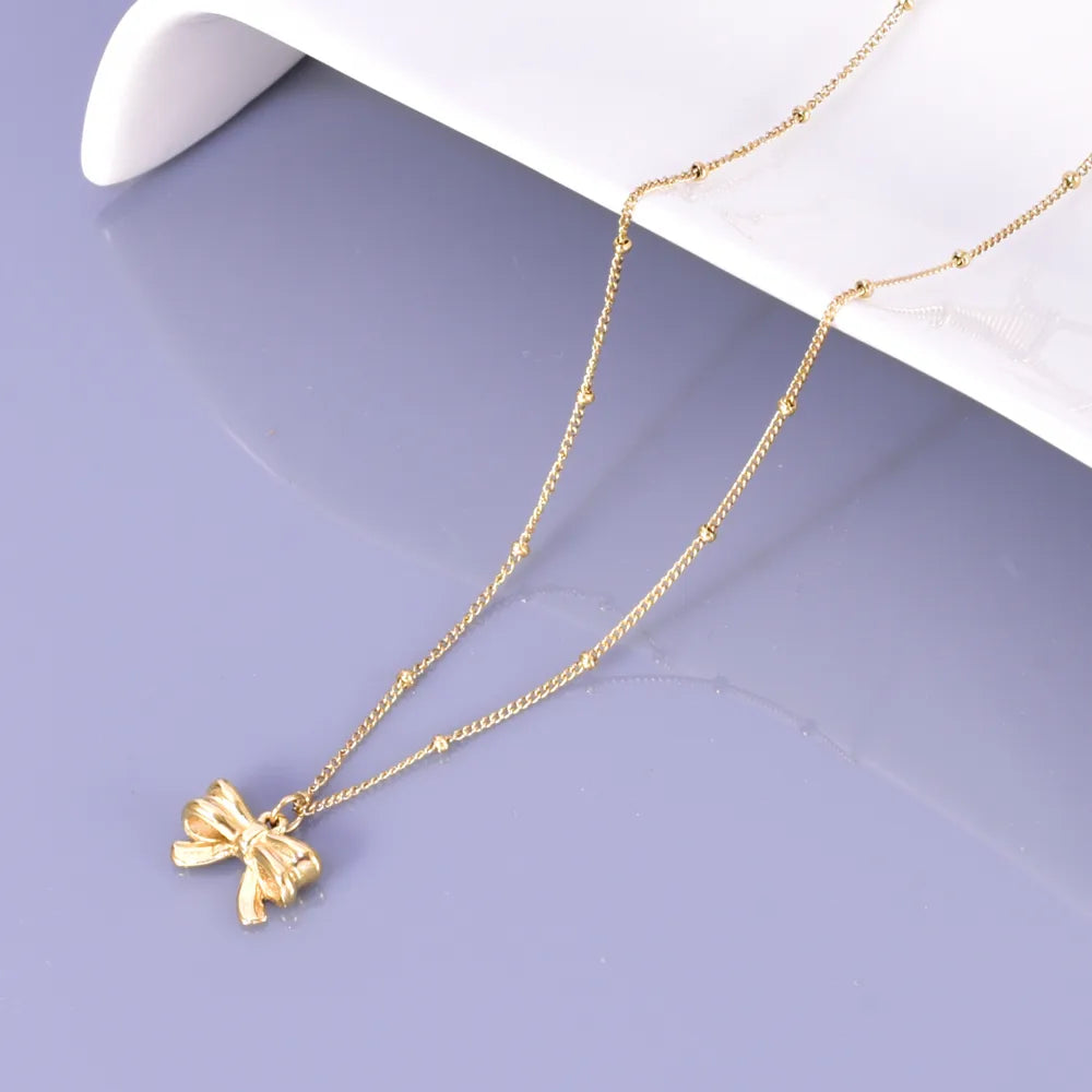 Wholesale Jewelry Elegant Classic Style Heart Shape Solid Color Bow Knot 304 Stainless Steel Titanium Steel 18K Gold Plated Pendant Necklace