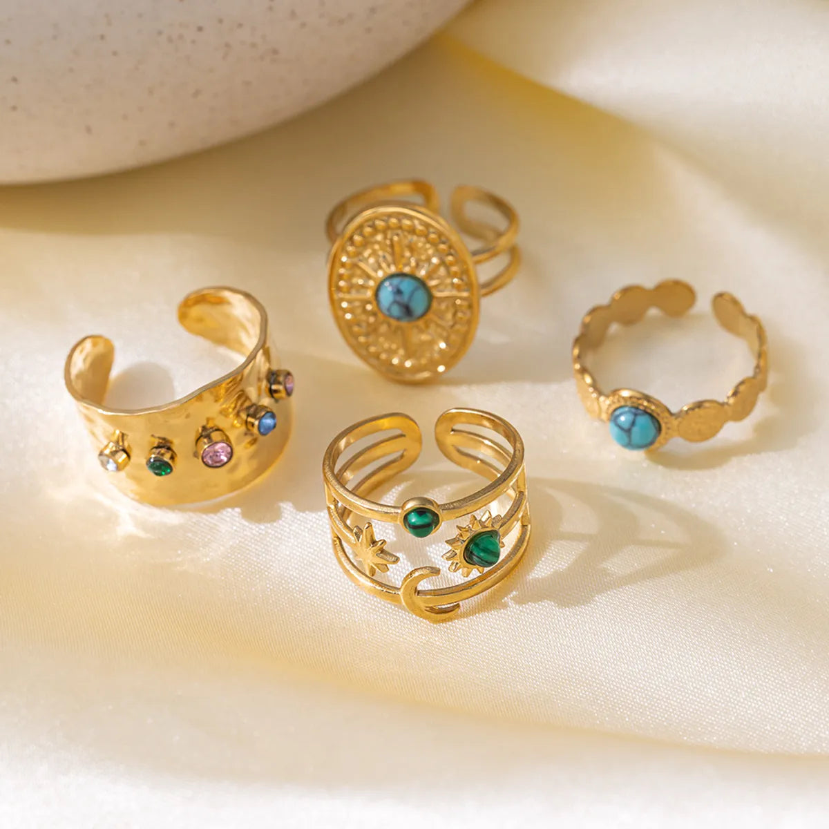 Wholesale Jewelry Elegant Classic Style Streetwear Star Moon 304 Stainless Steel Artificial Rhinestones Turquoise Resin 18K Gold Plated Polishing Plating Inlay Open Rings