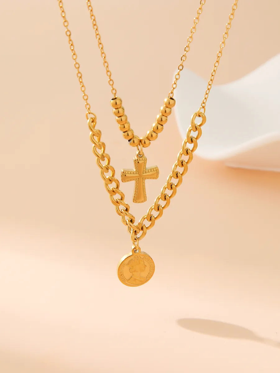 Wholesale Jewelry Elegant Classical Human Cross 304 Stainless Steel 18K Gold Plated Beaded Double Layer Necklaces