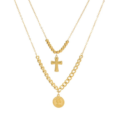 Wholesale Jewelry Elegant Classical Human Cross 304 Stainless Steel 18K Gold Plated Beaded Double Layer Necklaces