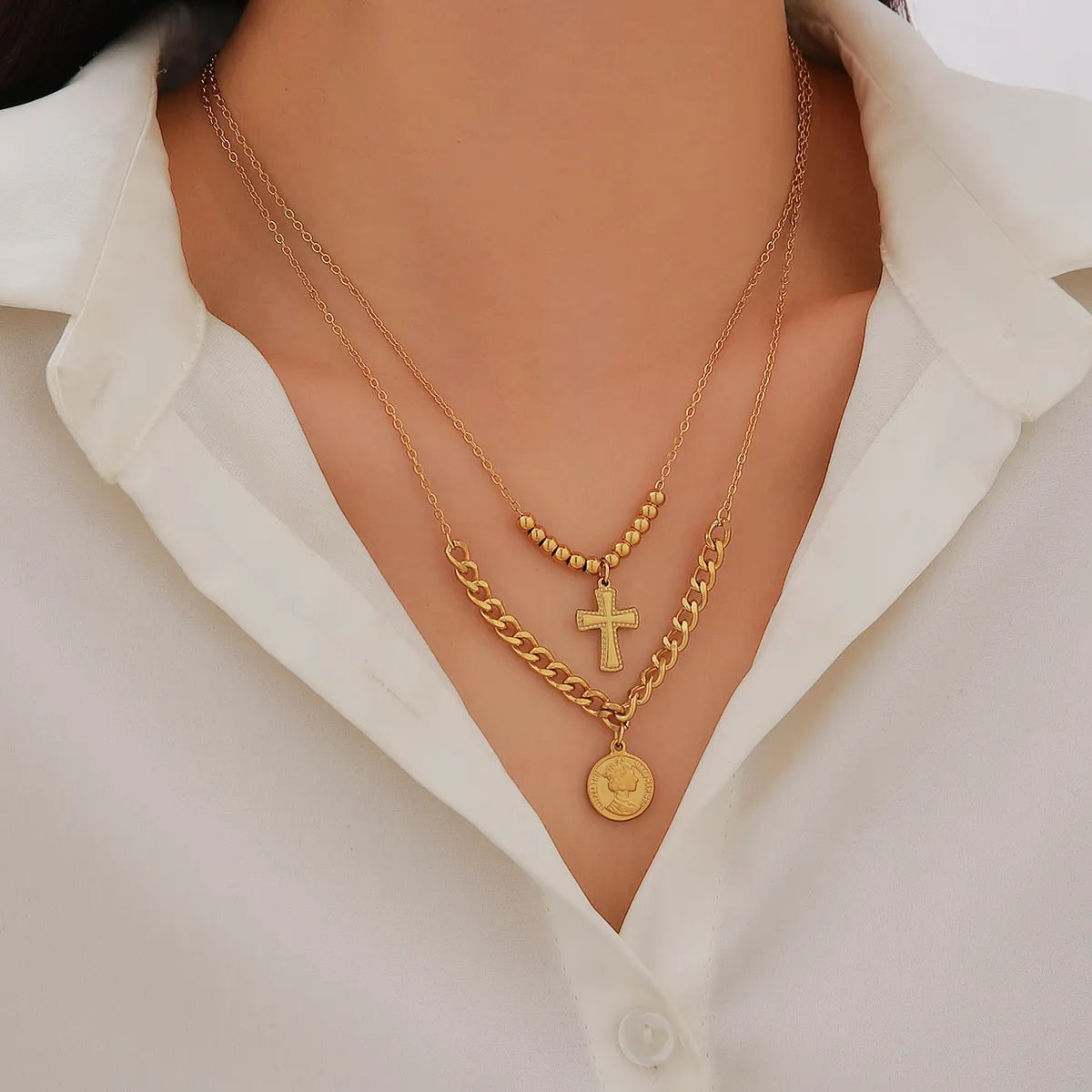 Wholesale Jewelry Elegant Classical Human Cross 304 Stainless Steel 18K Gold Plated Beaded Double Layer Necklaces