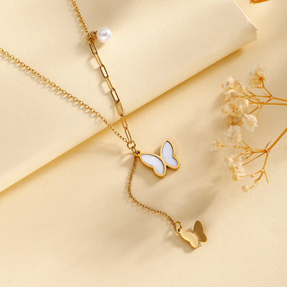 Wholesale Jewelry Elegant Classical Retro Eye Butterfly 304 Stainless Steel Double Layer Necklaces Pendant Necklace