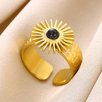 Wholesale Jewelry Elegant Classical Retro Sun 304 Stainless Steel Natural Stone Inlay Open Rings