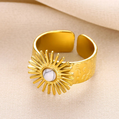 Wholesale Jewelry Elegant Classical Retro Sun 304 Stainless Steel Natural Stone Inlay Open Rings