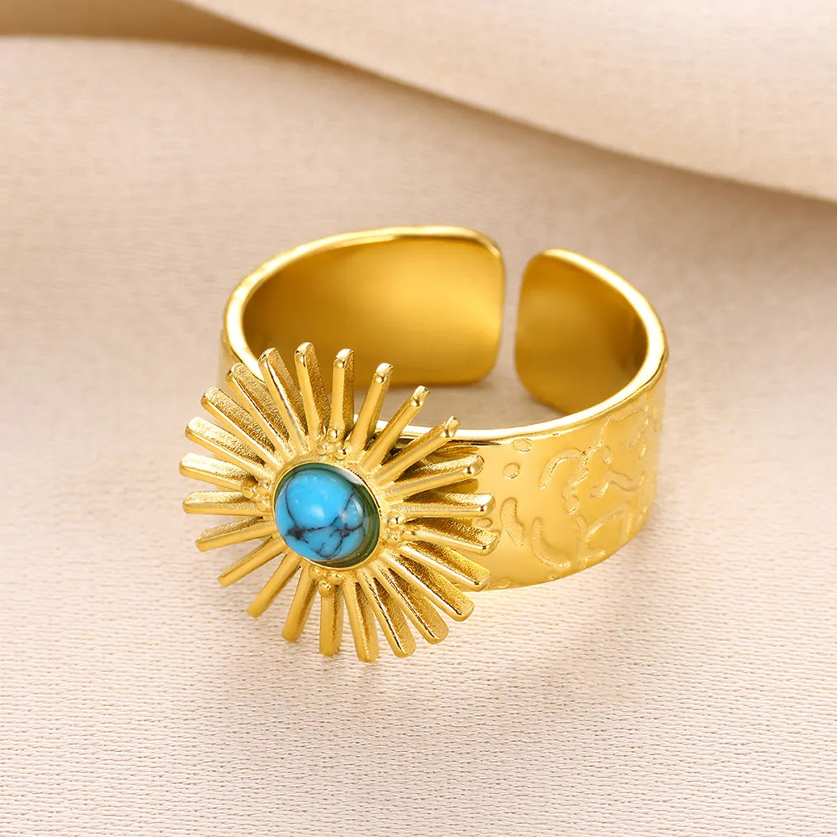 Wholesale Jewelry Elegant Classical Retro Sun 304 Stainless Steel Natural Stone Inlay Open Rings