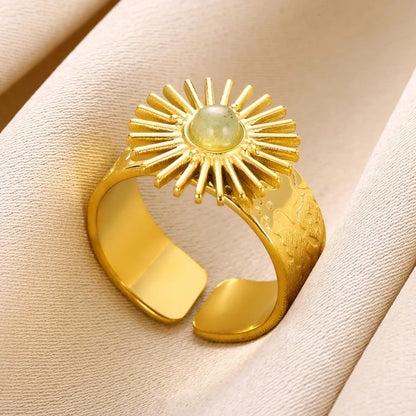 Wholesale Jewelry Elegant Classical Retro Sun 304 Stainless Steel Natural Stone Inlay Open Rings