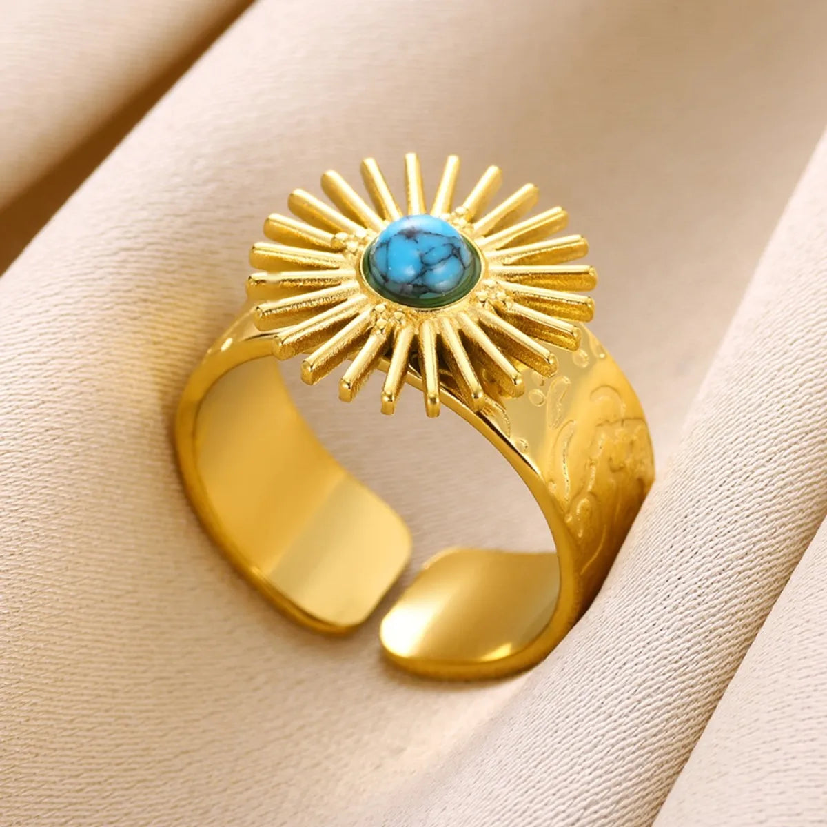 Wholesale Jewelry Elegant Classical Retro Sun 304 Stainless Steel Natural Stone Inlay Open Rings