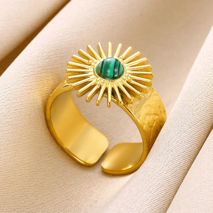 Wholesale Jewelry Elegant Classical Retro Sun 304 Stainless Steel Natural Stone Inlay Open Rings