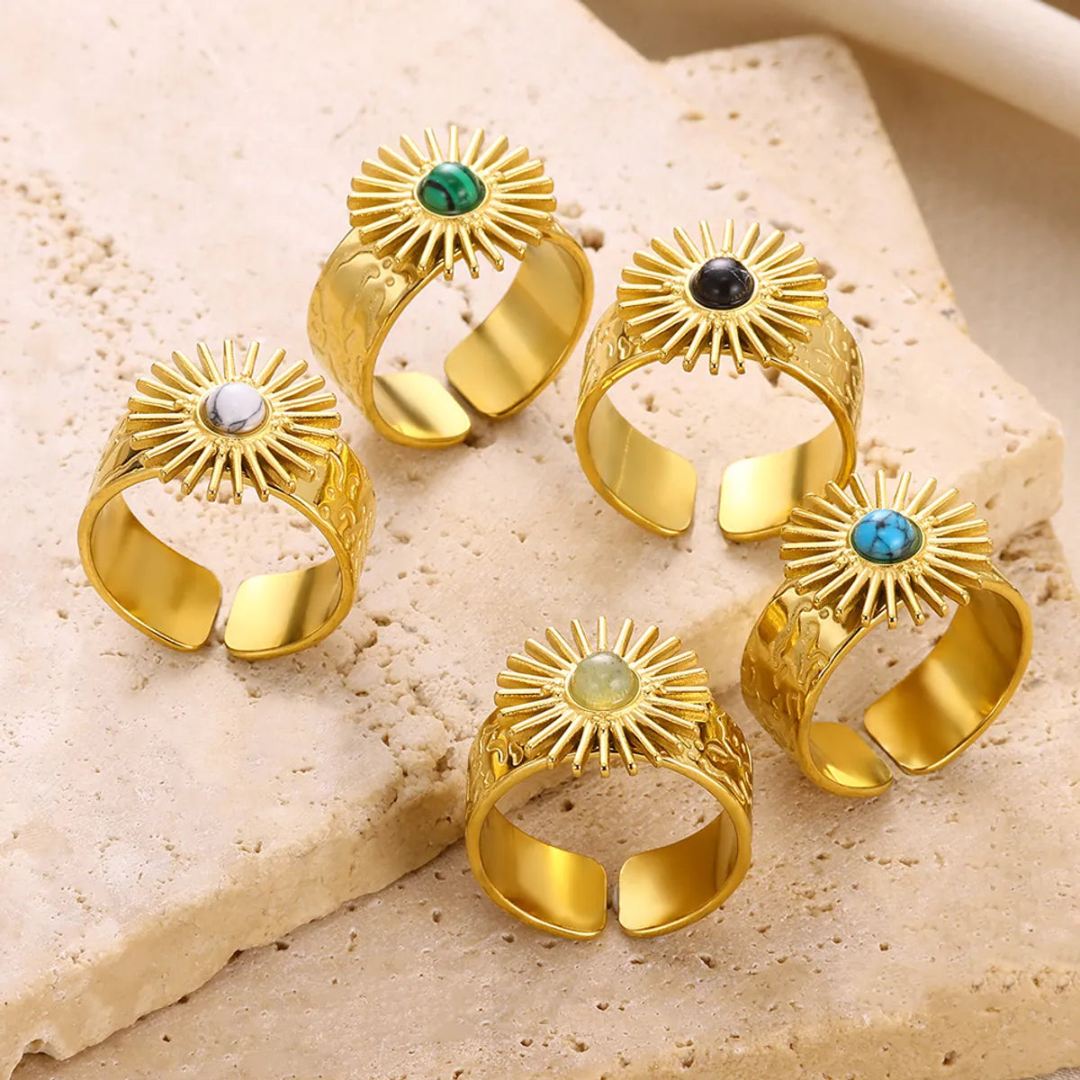 Wholesale Jewelry Elegant Classical Retro Sun 304 Stainless Steel Natural Stone Inlay Open Rings