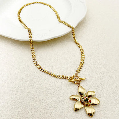 Wholesale Jewelry Elegant Classical Sweet Flower 304 Stainless Steel 14K Gold Plated Toggle Pendant Necklace