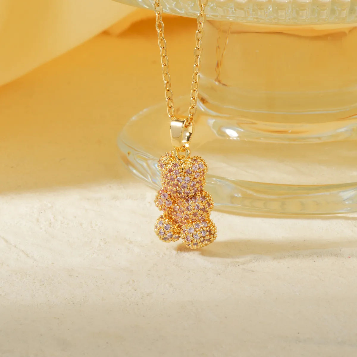 Wholesale Jewelry Elegant Cute Shiny Bear 304 Stainless Steel Copper Zircon K Gold Plated Inlay Pendant Necklace