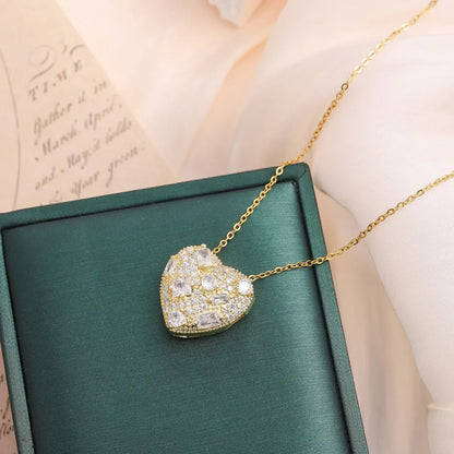 Wholesale Jewelry Elegant Cute Streetwear Heart Shape 316 Stainless Steel  Copper Artificial Rhinestones Zircon 18K Gold Plated Inlay Pendant Necklace