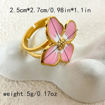 Wholesale Jewelry Elegant Cute Sweet Cross Flower 304 Stainless Steel Natural Stone 14K Gold Plated Enamel Plating Rings