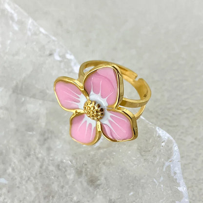 Wholesale Jewelry Elegant Cute Sweet Cross Flower 304 Stainless Steel Natural Stone 14K Gold Plated Enamel Plating Rings