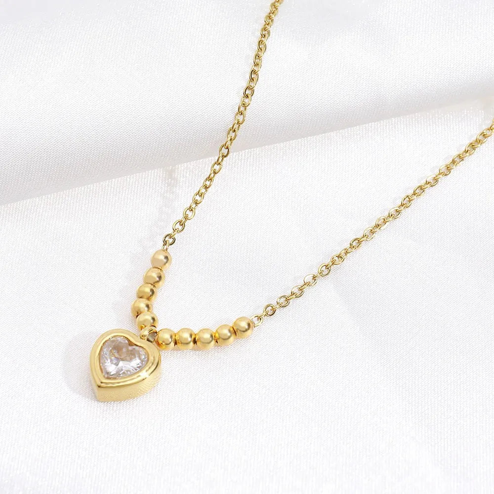 Wholesale Jewelry Elegant French Style Classic Style Heart Shape Titanium Steel Zircon 18K Gold Plated Beaded Inlay Pendant Necklace