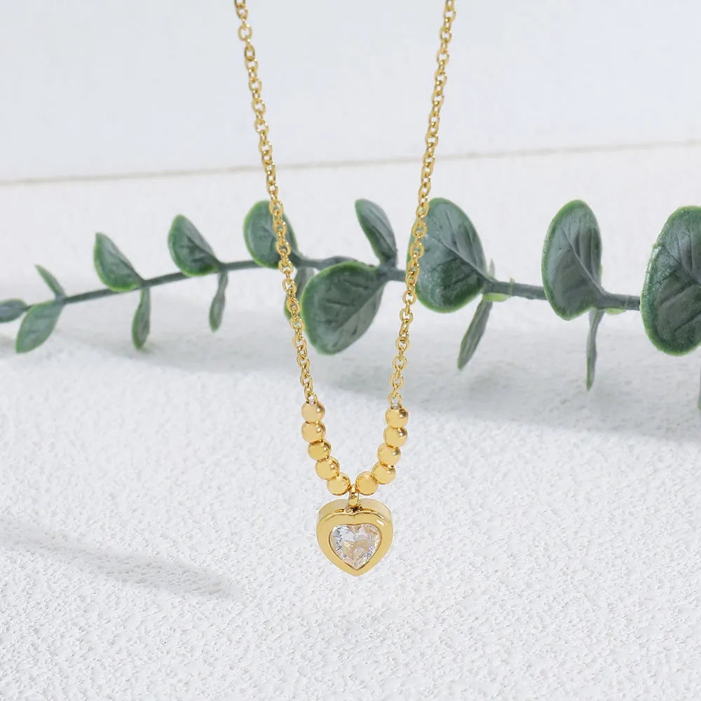 Wholesale Jewelry Elegant French Style Classic Style Heart Shape Titanium Steel Zircon 18K Gold Plated Beaded Inlay Pendant Necklace