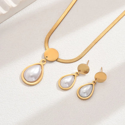 Wholesale Jewelry Elegant French Style Geometric Oval Water Droplets 201 Stainless Steel Plastic 18K Gold Plated Inlay Earrings Necklace Jewelry Set