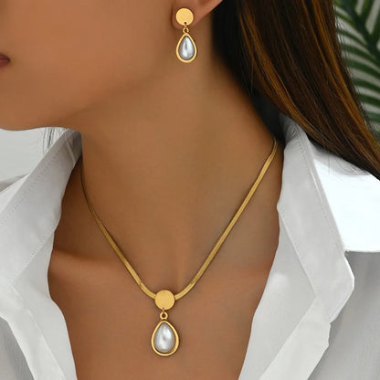 Wholesale Jewelry Elegant French Style Geometric Oval Water Droplets 201 Stainless Steel Plastic 18K Gold Plated Inlay Earrings Necklace Jewelry Set