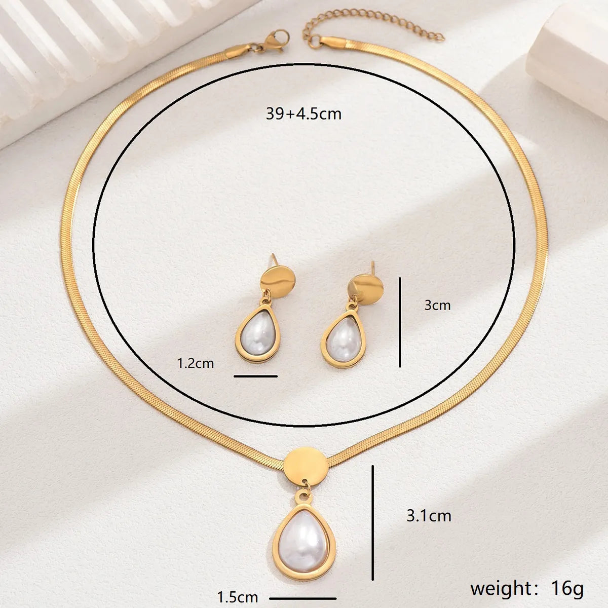 Wholesale Jewelry Elegant French Style Geometric Oval Water Droplets 201 Stainless Steel Plastic 18K Gold Plated Inlay Earrings Necklace Jewelry Set