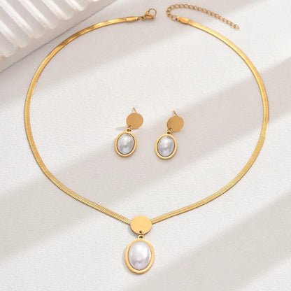 Wholesale Jewelry Elegant French Style Geometric Oval Water Droplets 201 Stainless Steel Plastic 18K Gold Plated Inlay Earrings Necklace Jewelry Set