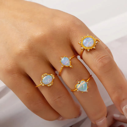 Wholesale Jewelry Elegant French Style Oval Water Droplets Heart Shape 304 Stainless Steel Rhinestones Opal 18K Gold Plated Plating Inlay Open Rings