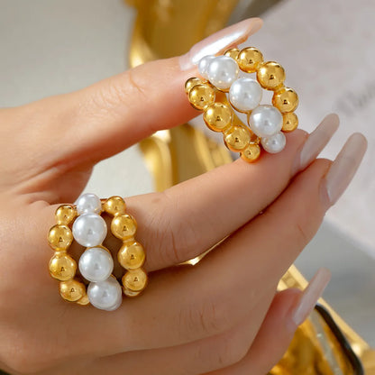 Wholesale Jewelry Elegant French Style Round 304 Stainless Steel Artificial Pearls 18K Gold Plated Layered Inlay Rings