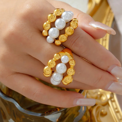 Wholesale Jewelry Elegant French Style Round 304 Stainless Steel Artificial Pearls 18K Gold Plated Layered Inlay Rings