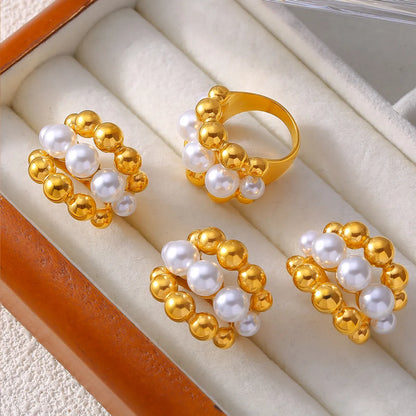 Wholesale Jewelry Elegant French Style Round 304 Stainless Steel Artificial Pearls 18K Gold Plated Layered Inlay Rings