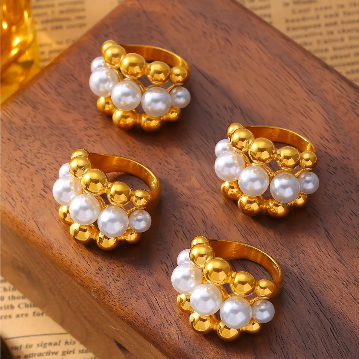 Wholesale Jewelry Elegant French Style Round 304 Stainless Steel Artificial Pearls 18K Gold Plated Layered Inlay Rings