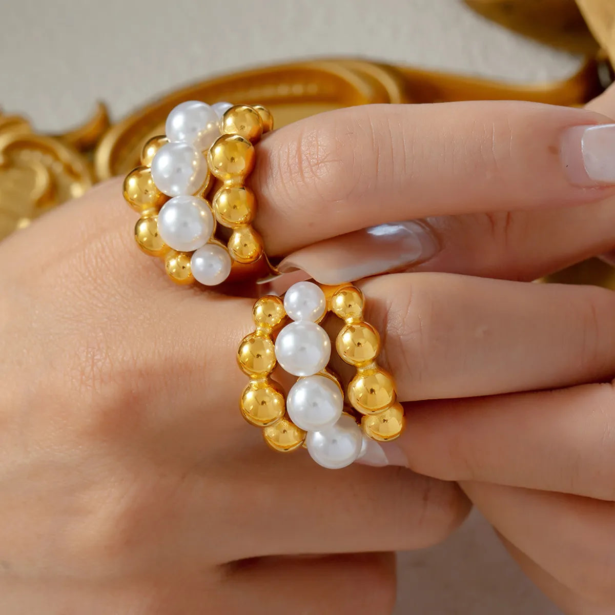 Wholesale Jewelry Elegant French Style Round 304 Stainless Steel Artificial Pearls 18K Gold Plated Layered Inlay Rings