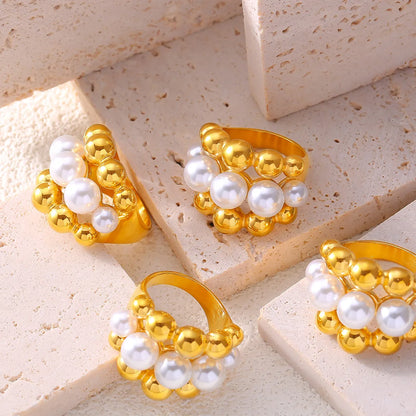 Wholesale Jewelry Elegant French Style Round 304 Stainless Steel Artificial Pearls 18K Gold Plated Layered Inlay Rings