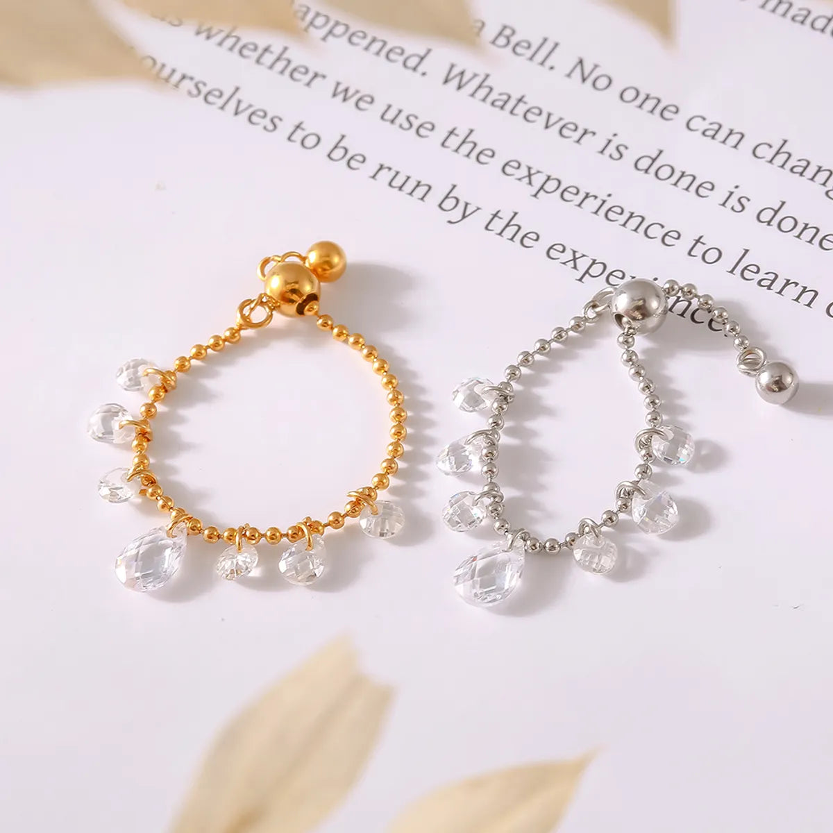 Wholesale Jewelry Elegant French Style Round Water Droplets 304 Stainless Steel 18K Gold Plated Crystal Chain Rings