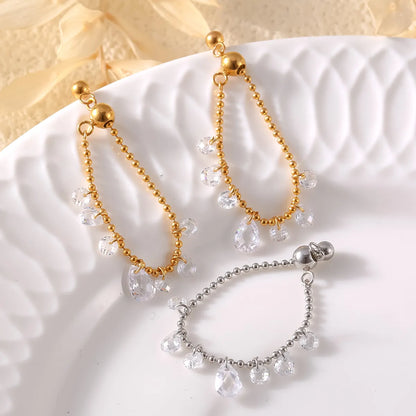 Wholesale Jewelry Elegant French Style Round Water Droplets 304 Stainless Steel 18K Gold Plated Crystal Chain Rings