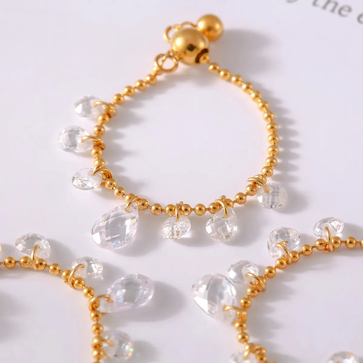 Wholesale Jewelry Elegant French Style Round Water Droplets 304 Stainless Steel 18K Gold Plated Crystal Chain Rings