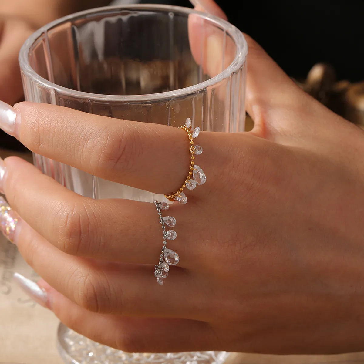 Wholesale Jewelry Elegant French Style Round Water Droplets 304 Stainless Steel 18K Gold Plated Crystal Chain Rings