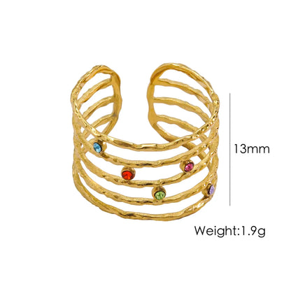 Wholesale Jewelry Elegant French Style Simple Style Geometric Lines 304 Stainless Steel Zircon 14K Gold Plated Plating Inlay Open Rings