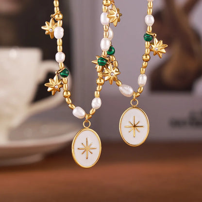 Wholesale Jewelry Elegant French Style Star Oval 304 Stainless Steel Malachite Freshwater Pearl Rhinestones 18K Gold Plated Beaded Enamel Inlay Pendant Necklace