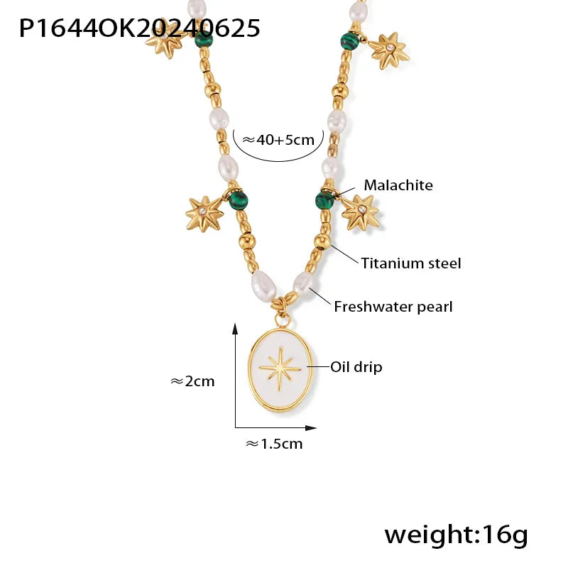 Wholesale Jewelry Elegant French Style Star Oval 304 Stainless Steel Malachite Freshwater Pearl Rhinestones 18K Gold Plated Beaded Enamel Inlay Pendant Necklace