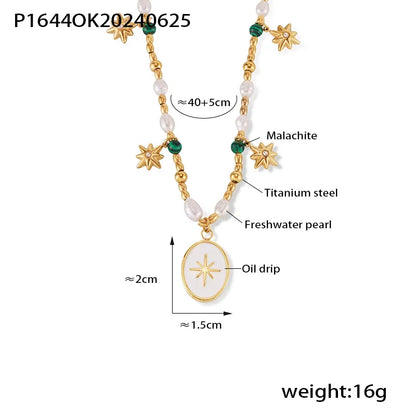 Wholesale Jewelry Elegant French Style Star Oval 304 Stainless Steel Malachite Freshwater Pearl Rhinestones 18K Gold Plated Beaded Enamel Inlay Pendant Necklace