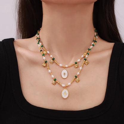 Wholesale Jewelry Elegant French Style Star Oval 304 Stainless Steel Malachite Freshwater Pearl Rhinestones 18K Gold Plated Beaded Enamel Inlay Pendant Necklace