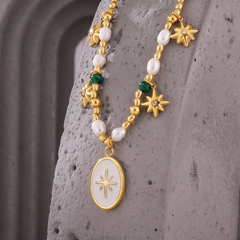 Wholesale Jewelry Elegant French Style Star Oval 304 Stainless Steel Malachite Freshwater Pearl Rhinestones 18K Gold Plated Beaded Enamel Inlay Pendant Necklace