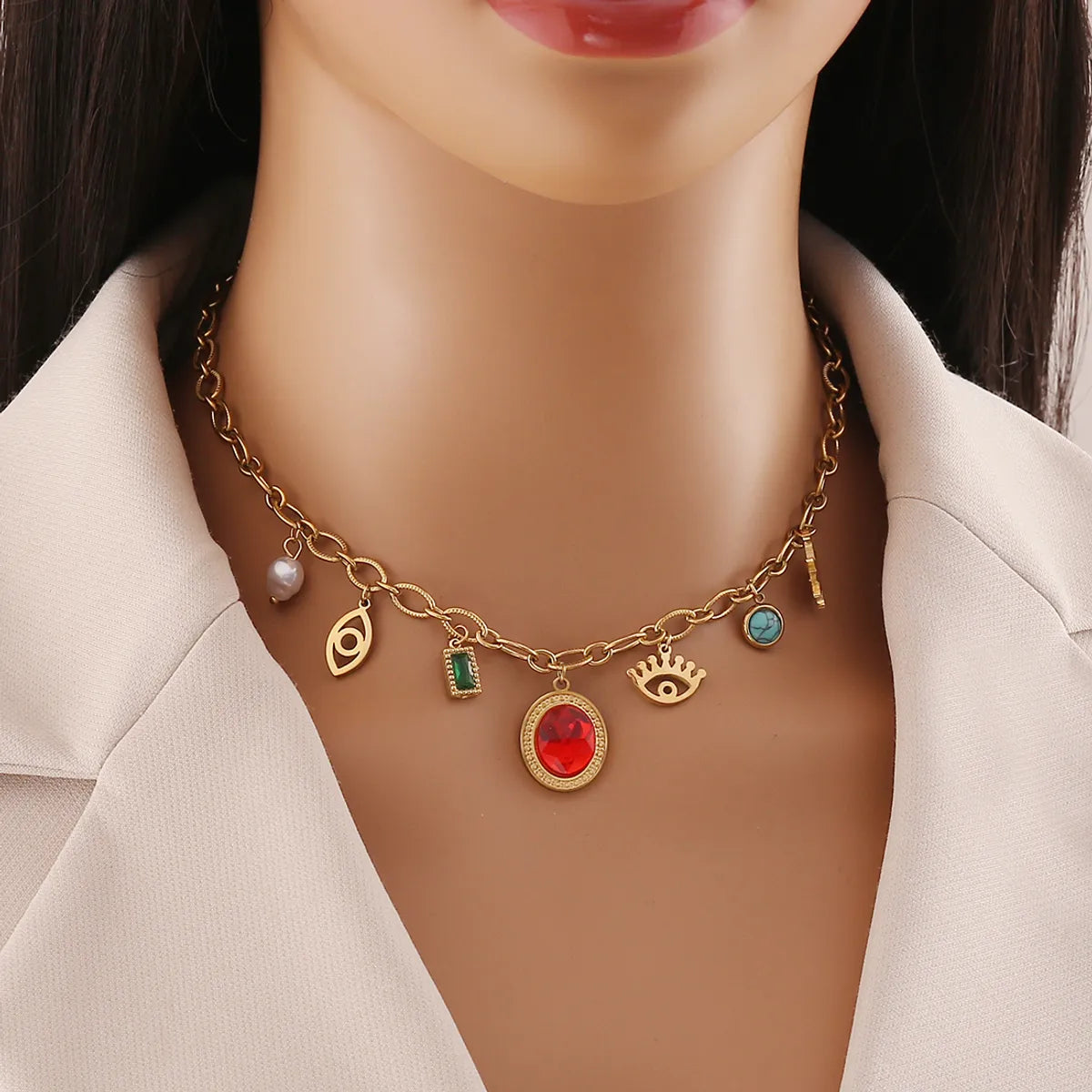 Wholesale Jewelry Elegant Glam Eye 304 Stainless Steel Natural Stone 18K Gold Plated Plating Inlay Necklace