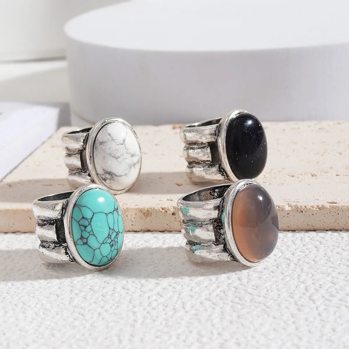 Wholesale Jewelry Elegant Glam Luxurious Oval Alloy Turquoise Inlay Wide Band Rings